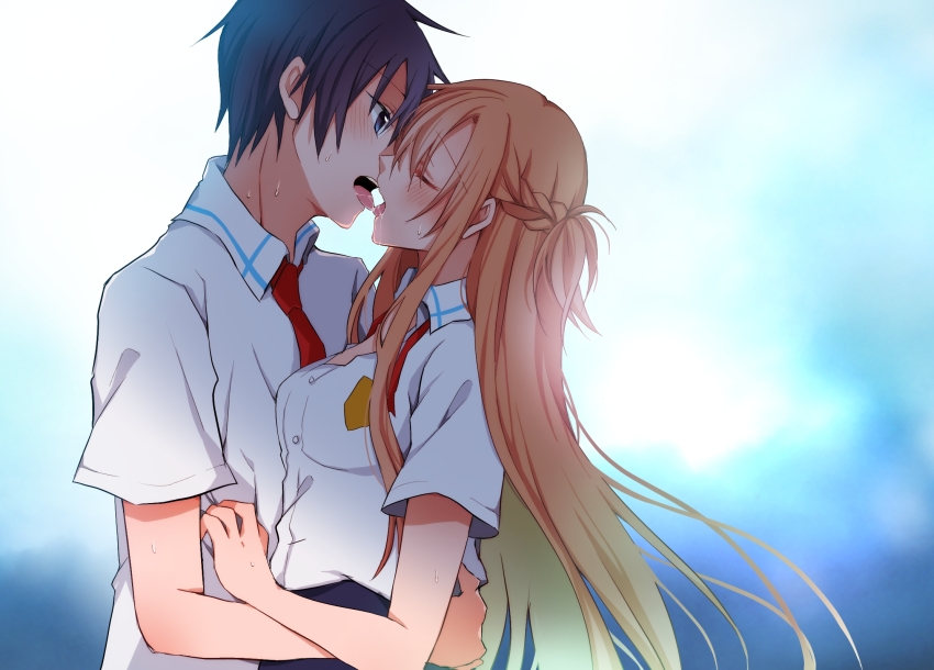 1boy, 1girl, after_kiss, asuna_(sao), bag, black_eyes, black_hair, braid