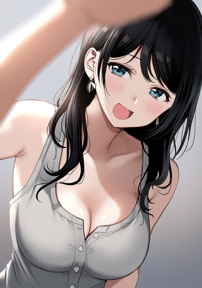 1girl, :d, absurdres, aqua_eyes, arm_at_side, armpits, bad_perspective, bare_shoulders