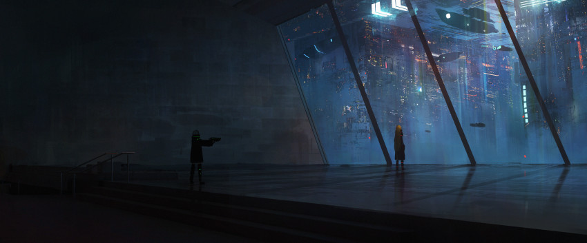 2girls, absurdres, aiming, asteroid_ill, banister, black_coat, black_footwear, blonde_hair