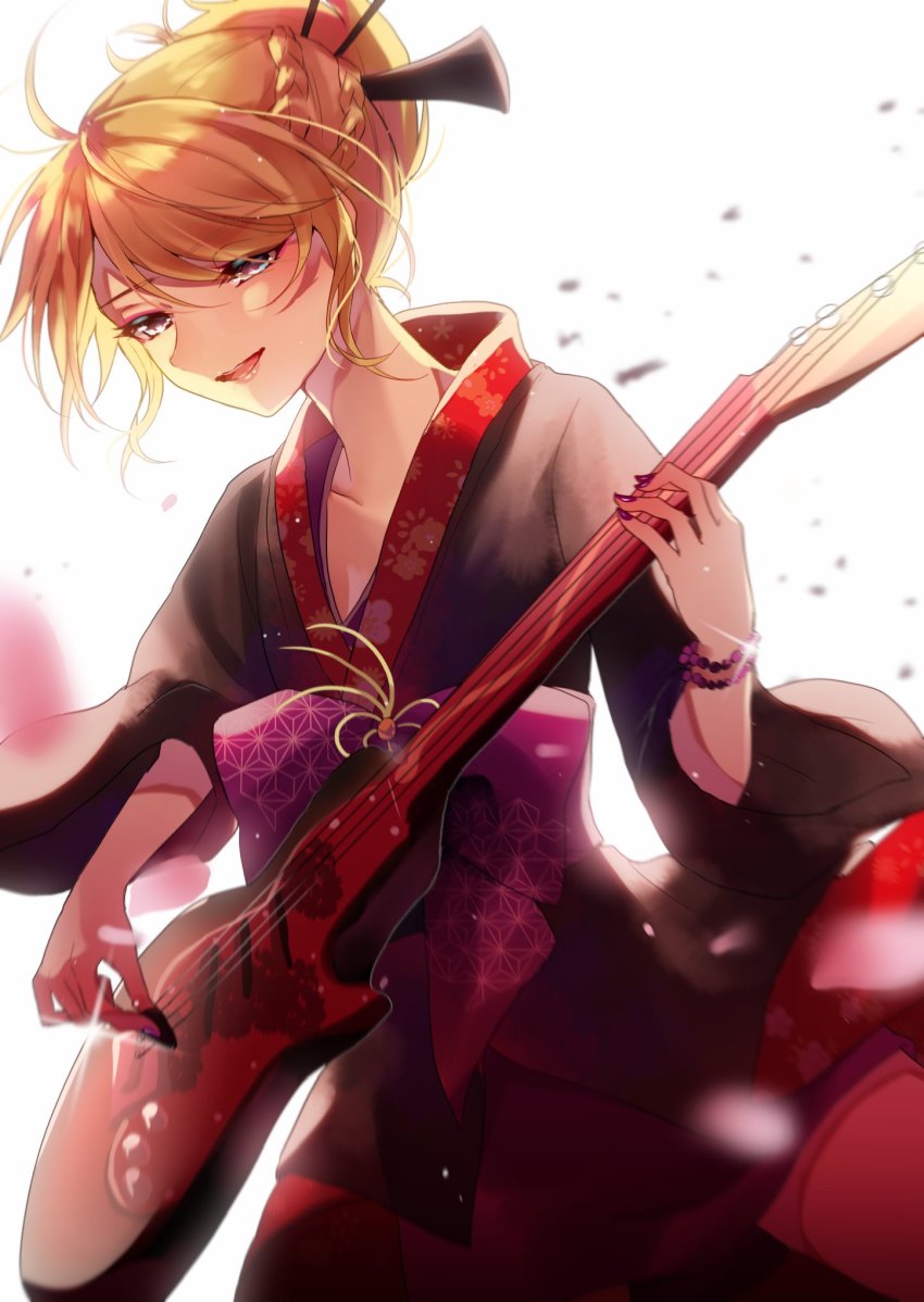 1girl, aryuma772, asa_no_ha_(pattern), black_kimono, blonde_hair, blue_eyes, blurry, blurry_background