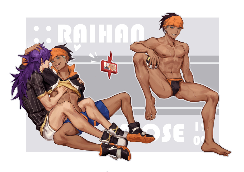 2boys, abs, absurdres, after_kiss, aqua_eyes, assisted_exposure, bare_pectorals, black_hair, black_male_underwear, blue_shorts, bulge, character_name, clothes_lift, collage, dark-skinned_male, dark_skin, earrings, facial_hair, full_body, gen_4_pokemon, goatee, hand_on_another's_head, highres, jewelry, knee_up, leon_(pokemon), lifting_another's_clothes, long_hair, male_focus, male_underwear, mosi_l, multiple_boys, multiple_views, navel, nintendo, nipples, orange_headwear, pectoral_grab, pectorals, pokemon, pokemon_(creature), pokemon_sword_and_shield, purple_hair, raihan_(pokemon), rotom, rotom_phone, saliva, saliva_trail, shirt_lift, short_hair, shorts, smile, spread_legs, tareme, thighs, toned, toned_male, topless_male, underwear, underwear_only, white_shorts, yaoi