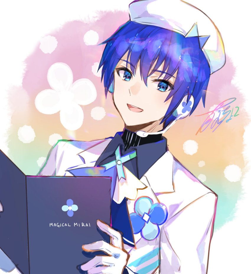 1boy, beret, blue_eyes, blue_hair, blue_shirt, book, commentary, countdown