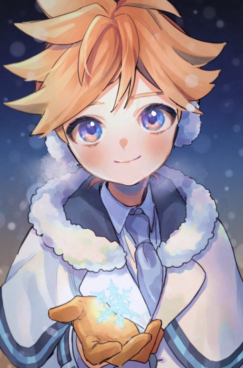 1boy, blonde_hair, blue_eyes, blue_necktie, capelet, commentary, earmuffs, fur-trimmed_capelet
