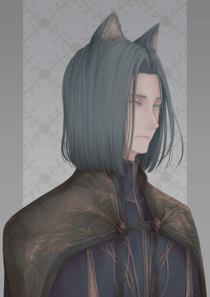 1boy, absurdres, animal_ears, chaa_art, character_request, closed_mouth, eyes_visible_through_hair, grey_hair