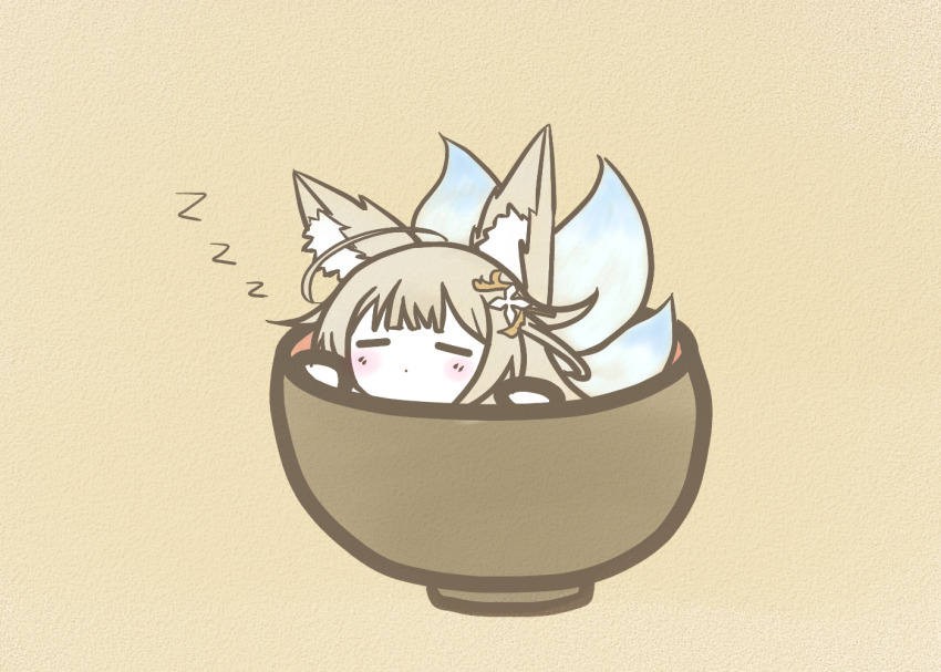 1girl, animal_ear_fluff, animal_ears, azur_lane, chibi, cup, closed_eyes, fox_ears, fox_girl, fox_tail, in_container, in_cup, koti, large_tail, long_hair, multiple_tails, shinano_(azur_lane), simple_background, sleeping, solo, tail, white_tail, yellow_background