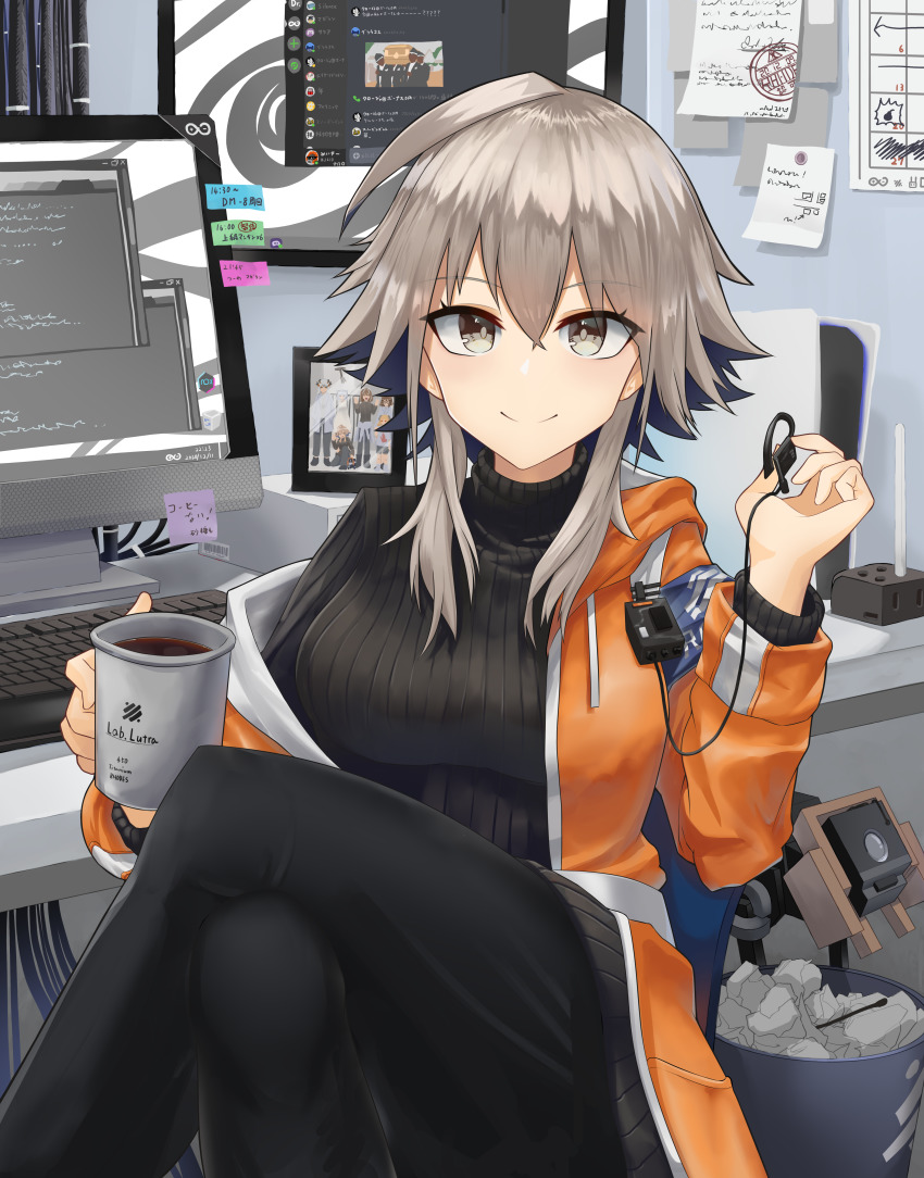 1girl, absurdres, arknights, black_pantyhose, breasts, brown_eyes, calendar_(object), computer_keyboard, crossed_legs, crumpled_paper, cup, dancing_pallbearers_(meme), desk, discord, drawing_(object), earphones, feet_out_of_frame, game_console, group_picture, hair_between_eyes, highres, holding, holding_cup, holding_earphones, jacket, large_breasts, looking_at_viewer, mayer_(arknights), meeboo_(arknights), meme, monitor, nanamilem, off_shoulder, open_clothes, open_jacket, orange_jacket, pantyhose, paper, playstation_5, rhine_lab_logo, ribbed_sweater, short_hair, short_hair_with_long_locks, silver_hair, sitting, smile, solo, sticky_note, sweater, trash_can, turtleneck, turtleneck_sweater
