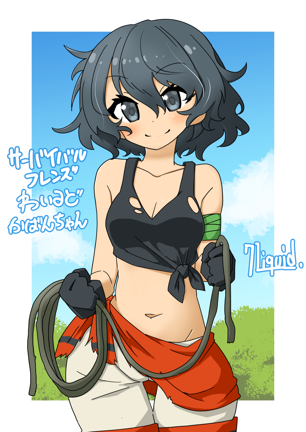 1girl, 370ml, artist_name, black_eyes, black_gloves, black_hair, black_shirt, blue_sky