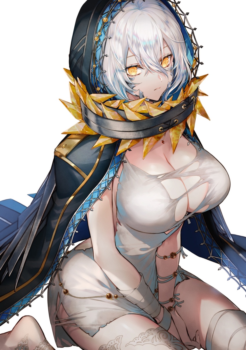 1girl, absurdres, breasts, cleavage, code_vein, dress, hair_between_eyes, highres, io_(code_vein), large_breasts, looking_at_viewer, short_hair, silver_hair, solo, tarutaru_yamaoka, torn_clothes, yellow_eyes