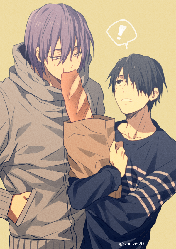 !, 2boys, bag, baguette, black_eyes, black_hair, blue_shirt, blush