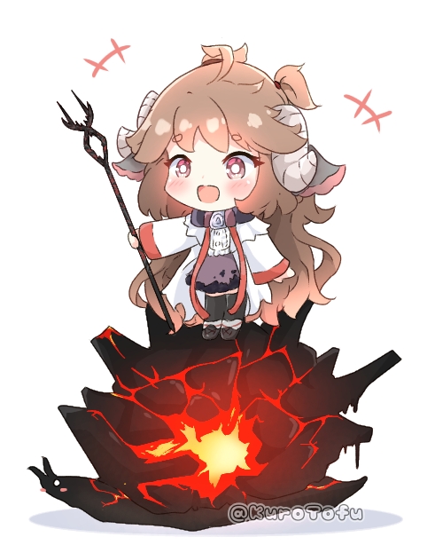 +++, 1girl, ahoge, animal_ears, arknights, black_shoes, black_thighhighs, brown_eyes, brown_hair, chibi, curled_horns, eyjafjalla_(arknights), holding, holding_staff, horns, jacket, kurotofu, long_hair, long_sleeves, open_clothes, open_jacket, pompeii_(arknights), purple_skirt, shadow, sheep_ears, sheep_girl, sheep_horns, shirt, shoes, short_eyebrows, skirt, sleeves_past_wrists, solo, staff, standing, thick_eyebrows, thighhighs, twitter_username, very_long_hair, white_background, white_jacket, white_shirt, wide_sleeves