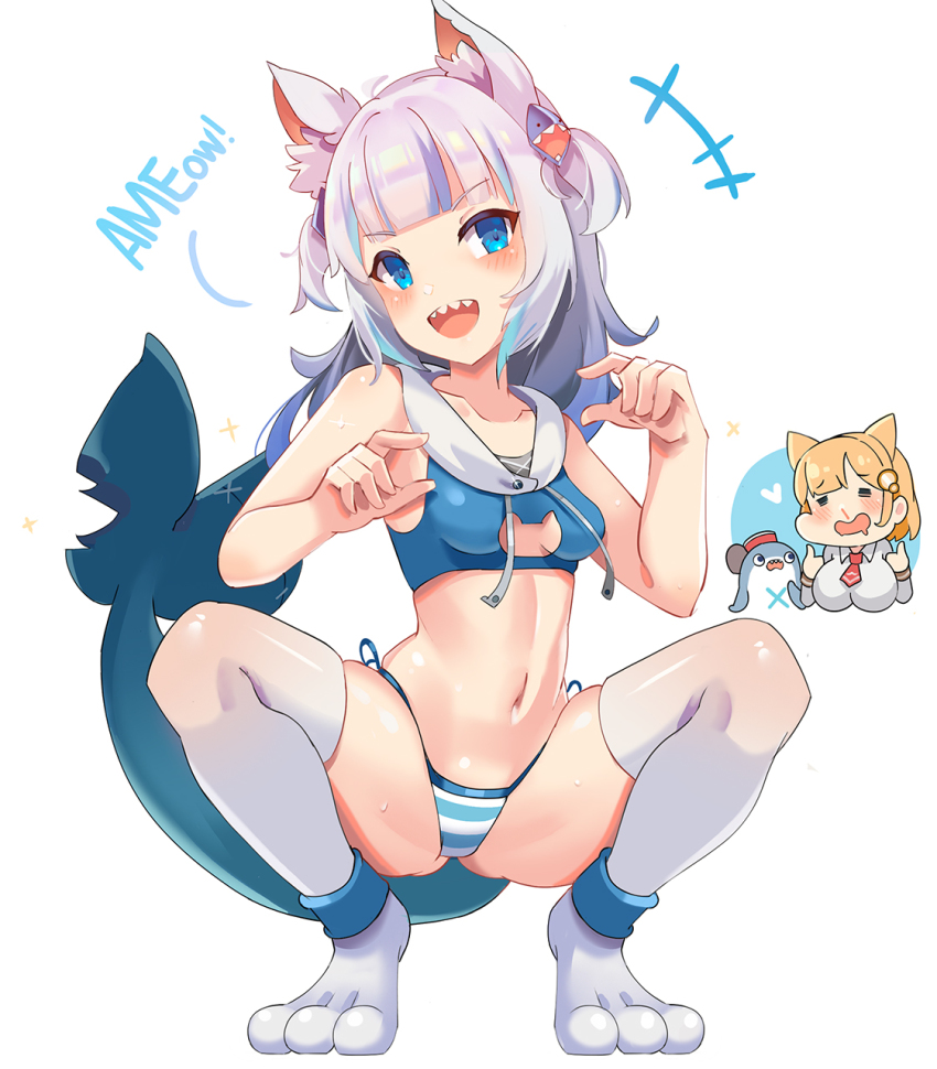 2girls, animal_ear_fluff, animal_ears, bikini, blonde_hair, blood, bloop_(gawr_gura), blue_eyes, blue_hair, blush, breasts, cat_cutout, cat_ears, cat_girl, cat_lingerie, cleavage_cutout, clothing_cutout, collarbone, fins, fish_tail, gawr_gura, hair_ornament, highres, hololive, hololive_english, hood, hood_down, large_breasts, looking_at_viewer, meow_head, multicolored_hair, multiple_girls, navel, nosebleed, open_mouth, shark_hair_ornament, shark_tail, sharp_teeth, sleeveless, small_breasts, smile, stomach, streaked_hair, swimsuit, tail, teeth, thumbs_up, two_side_up, virtual_youtuber, watson_amelia