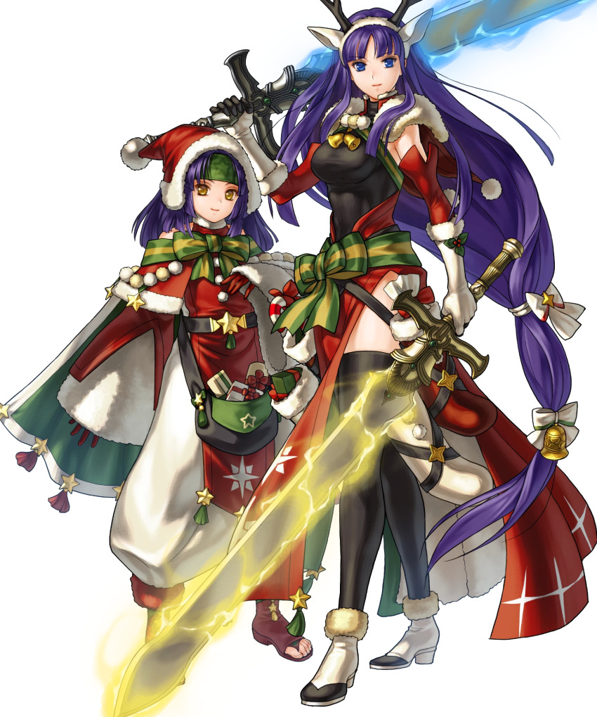 2girls, alondite, altina_(fire_emblem), altina_(winter)_(fire_emblem), animal_ears, antlers, bell, belt