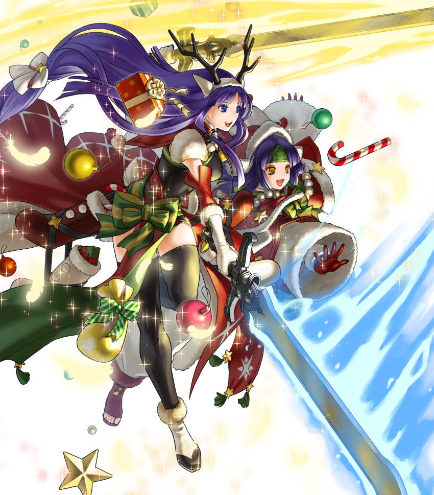 2girls, altina_(fire_emblem), altina_(winter)_(fire_emblem), animal_ears, antlers, bell, black_legwear, blue_eyes
