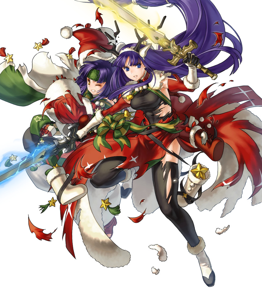 2girls, alondite, altina_(fire_emblem), altina_(winter)_(fire_emblem), animal_ears, antlers, bell, black_legwear