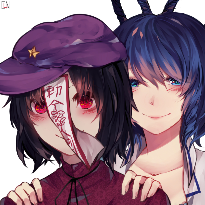 2girls, artist_name, black_hair, black_ribbon, blue_eyes, blue_hair, blush, newsboy_cap