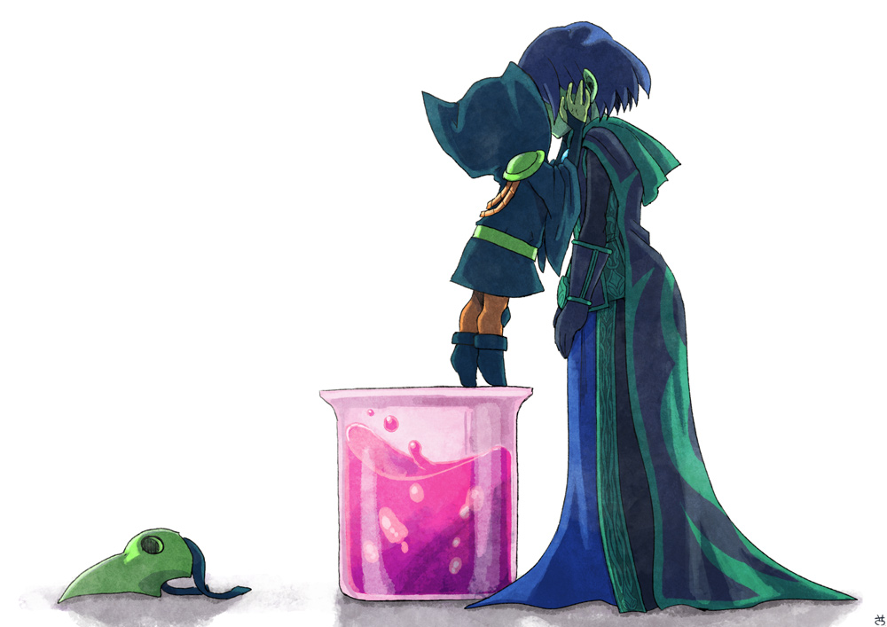 1boy, 1girl, black_hair, cloak, colored_skin, green_skin, height_difference, hetero