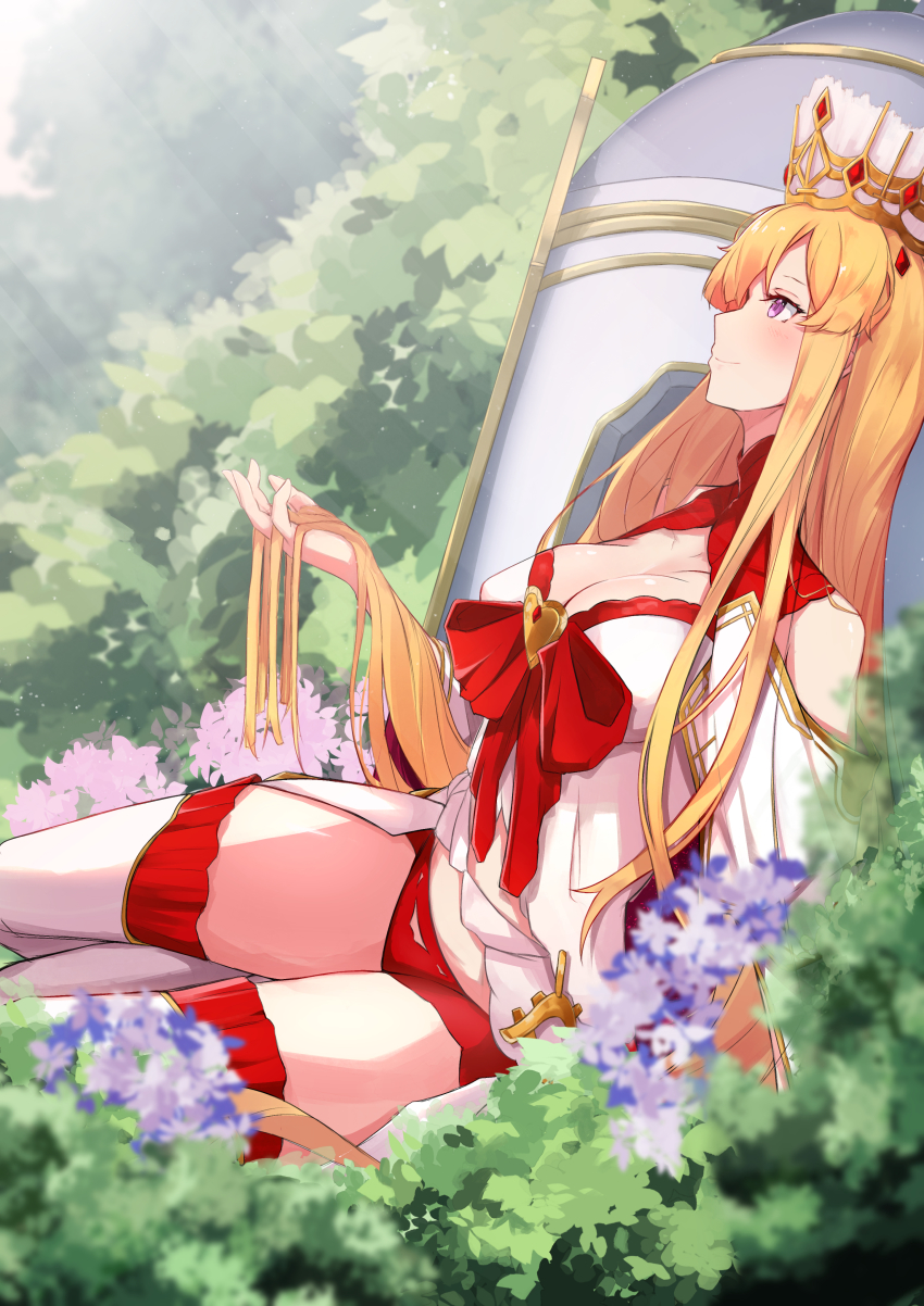 1girl, absurdres, bare_shoulders, blonde_hair, breasts, bush, cleavage, crown