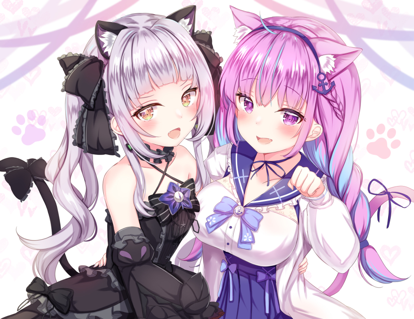 2girls, :d, ahoge, alternate_hairstyle, animal_ear_fluff, animal_ears, arm_around_another's_waist, arm_up