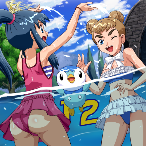 00s, 2girls, arceus, arms_up, ass, ass_focus, bikini, bikini_skirt