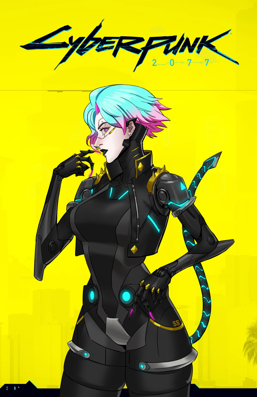 1girl, absurdres, black_lips, black_suit, blue_hair, bodysuit, claws, commission, commissioner_upload, cyberpunk_(series), cyberpunk_2077, formal_clothes, gradient_hair, highres, horns, jacket, lipstick, makeup, multicolored_hair, original, pink_eyes, prosthesis, prosthetic_arm, science_fiction, single_horn, suit, suteja, tail