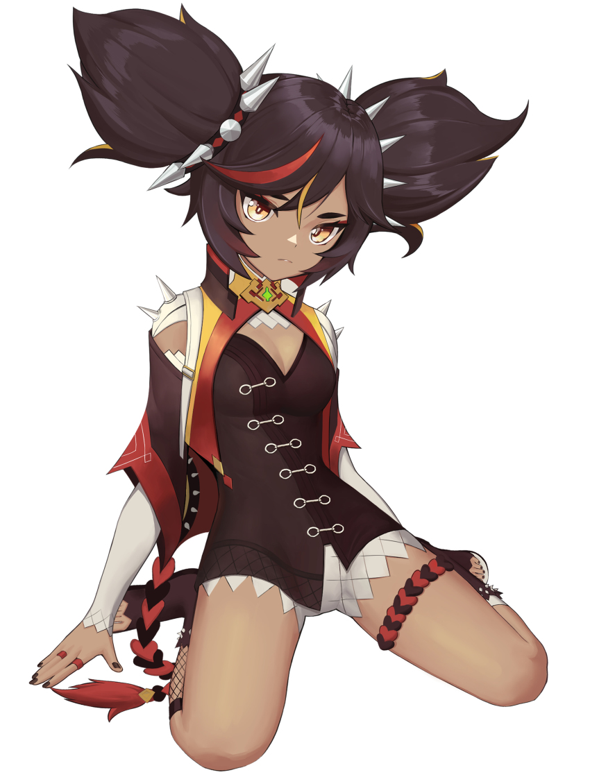 1girl, absurdres, black_dress, black_hair, black_nails, breasts, cleavage, dark-skinned_female