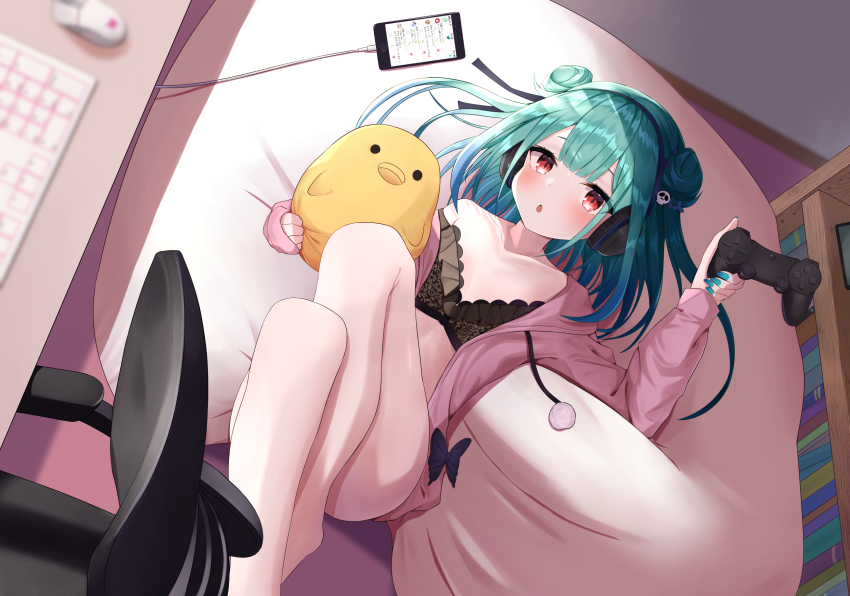 1girl, :o, aqua_hair, aqua_nails, baby_animal, bird, black_bra, blush