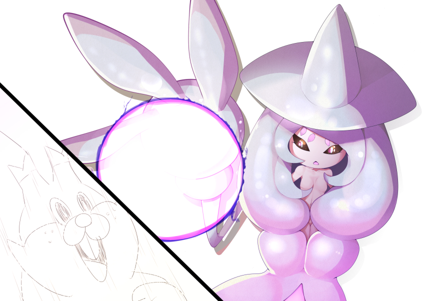 1girl, black_sclera, blue_hair, breasts, buck_teeth, collarbone, colored_sclera, colored_skin