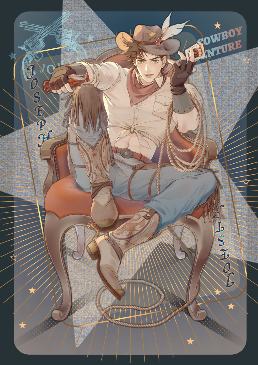 1boy, absurdres, alternate_costume, bandana, battle_tendency, belt, boots, bottle