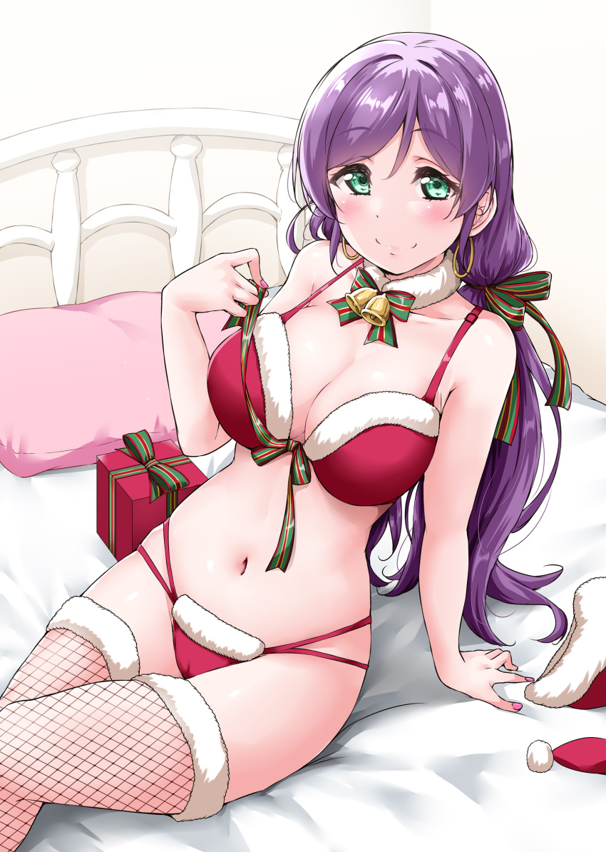 1girl, arm_support, bare_arms, bed, bed_sheet, blush, bow, bow_bra, bowtie, bra, breasts, brown_collar, cameltoe, christmas, cleavage, collar, collarbone, crossed_legs, earrings, fishnet_thighhighs, fishnets, front-fastening_bra, front-tie_bra, fur_collar, fur_trim, gift, green_eyes, hair_ribbon, hat, highres, hoop_earrings, indoors, jewelry, large_breasts, long_hair, looking_at_viewer, love_live!, love_live!_school_idol_project, multiple_straps, nail_polish, navel, on_bed, panties, pillow, purple_hair, red_bra, red_panties, ribbon, santa_bra, santa_costume, santa_hat, santa_panties, sitting, smile, solo, striped_bow, striped_bowtie, striped_clothes, striped_neckwear, striped_ribbon, thighhighs, tojo_nozomi, twintails, two-tone_ribbon, underwear, yopparai_oni