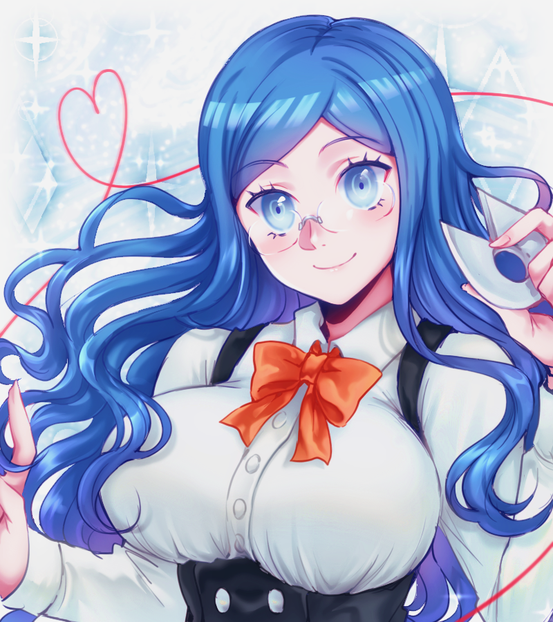 1girl, black_skirt, blue_eyes, blue_hair, bow, breasts, closed_mouth, collared_shirt, commentary, danganronpa_(series), danganronpa_v3:_killing_harmony, donutous, dress_shirt, glasses, hands_up, heart, holding, large_breasts, long_hair, long_sleeves, looking_at_viewer, semi-rimless_eyewear, shirogane_tsumugi, shirt, skirt, smile, solo, sparkle, upper_body, white_shirt