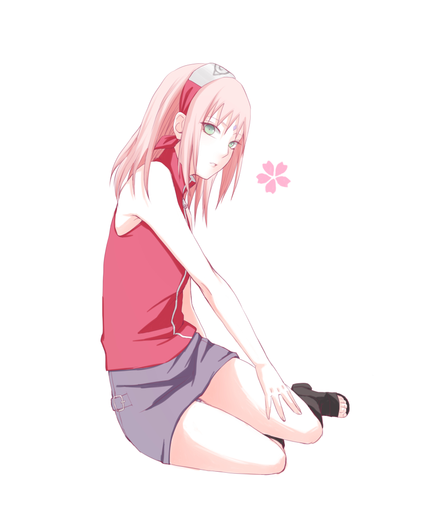 1girl, absurdres, black_footwear, breasts, facial_mark, full_body, green_eyes, grey_skirt, haruno_sakura, highres, jacket, long_hair, miniskirt, mochiii-s, naruto_(series), naruto_shippuuden, pink_hair, red_jacket, simple_background, sitting, skirt, sleeveless, sleeveless_jacket, small_breasts, solo, straight_hair, thigh_gap, white_background