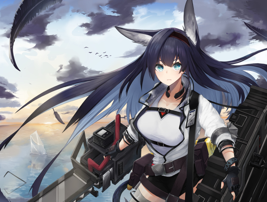 1girl, animal_ears, aqua_eyes, arknights, belt, belt_pouch, bird, black_gloves