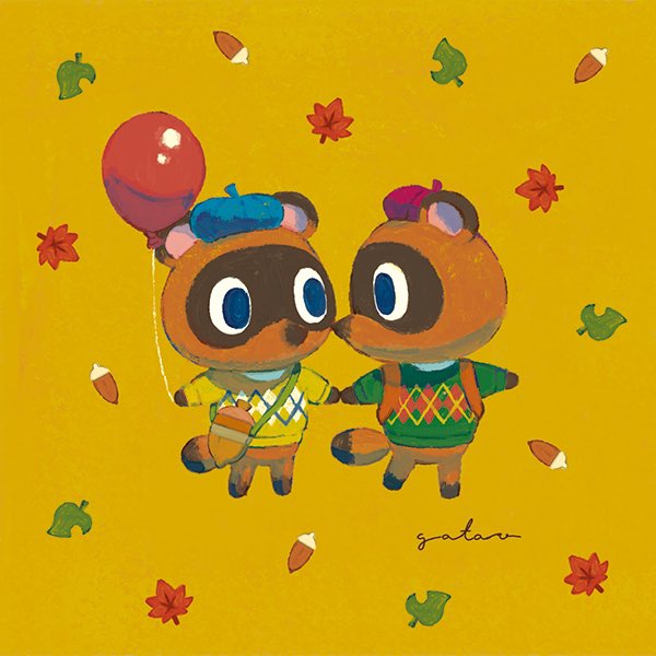 2boys, animal_crossing, balloon, blue_eyes, blue_headwear, brothers, eye_contact, gatao