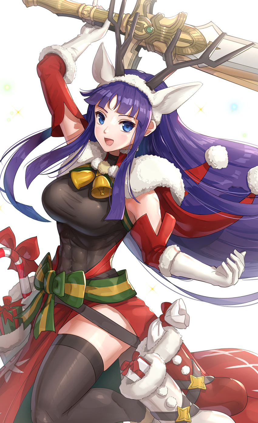 1girl, :d, abs, absurdres, alondite, altina_(fire_emblem), altina_(winter)_(fire_emblem), animal_ears, antlers, bare_shoulders, bell, black_thighhighs, blue_eyes, boots, box, breasts, candy, candy_cane, christmas, covered_navel, deer_ears, fake_antlers, fire_emblem, fire_emblem:_radiant_dawn, fire_emblem_heroes, food, gift, gift_box, gloves, gonzarez, highres, holding, holding_sword, holding_weapon, horns, huge_weapon, large_breasts, long_hair, muscular, nintendo, open_mouth, purple_hair, reindeer_antlers, sack, simple_background, skin_tight, smile, solo, sword, thighhighs, weapon, white_background, white_gloves, zettai_ryouiki
