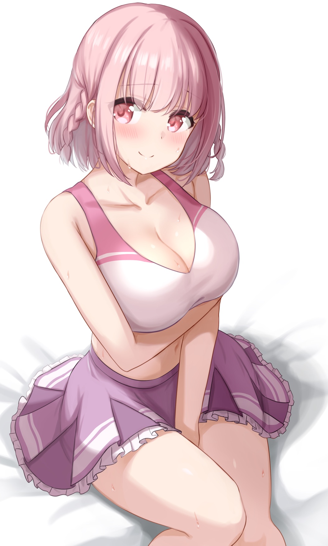 1girl, blush, braid, breasts, cleavage, closed_mouth, collarbone, highres, hoshizaki_akari, kibihimi, large_breasts, looking_to_the_side, midriff, navel, ongeki, pink_hair, purple_skirt, red_eyes, short_hair, simple_background, sitting, skirt, smile, solo, sweat, twin_braids, white_background