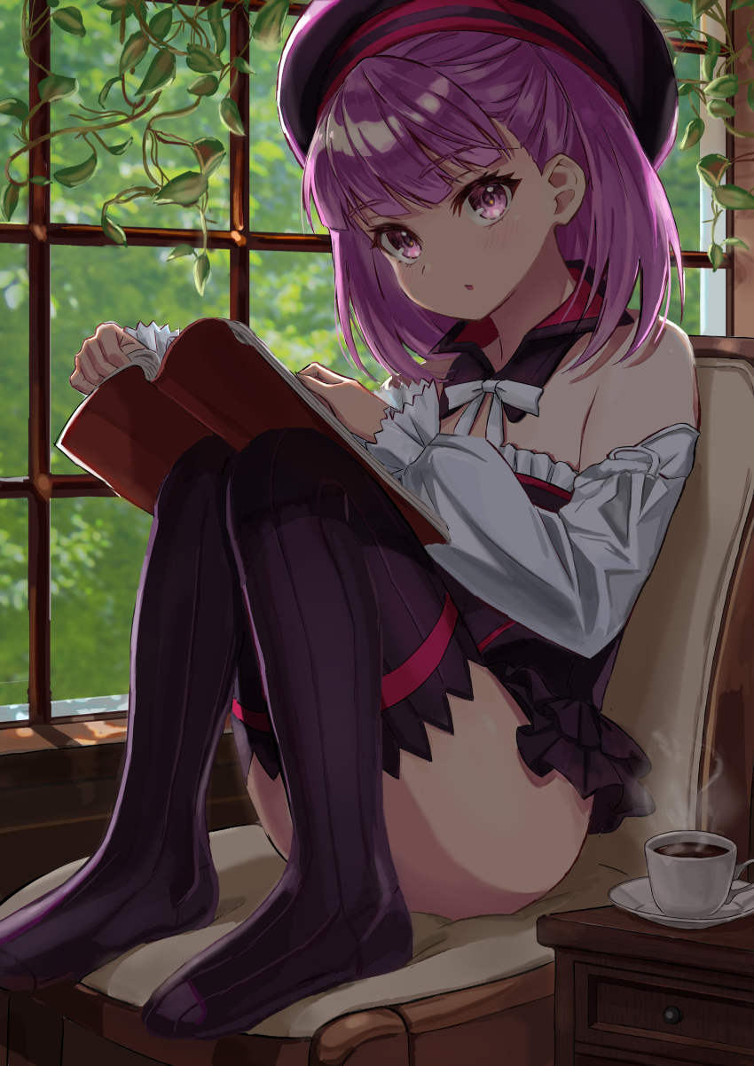 1girl, absurdres, bad_id, bad_pixiv_id, bare_shoulders, beret, black_thighhighs, blush, book, breasts, coffee, cup, detached_collar, detached_sleeves, dress, fate/grand_order, fate_(series), frozen_yakan, hat, helena_blavatsky_(fate), highres, leaf, looking_at_viewer, no_shoes, open_book, open_mouth, purple_eyes, purple_hair, short_dress, short_hair, sitting, small_breasts, solo, strapless, strapless_dress, thighhighs, white_sleeves, window