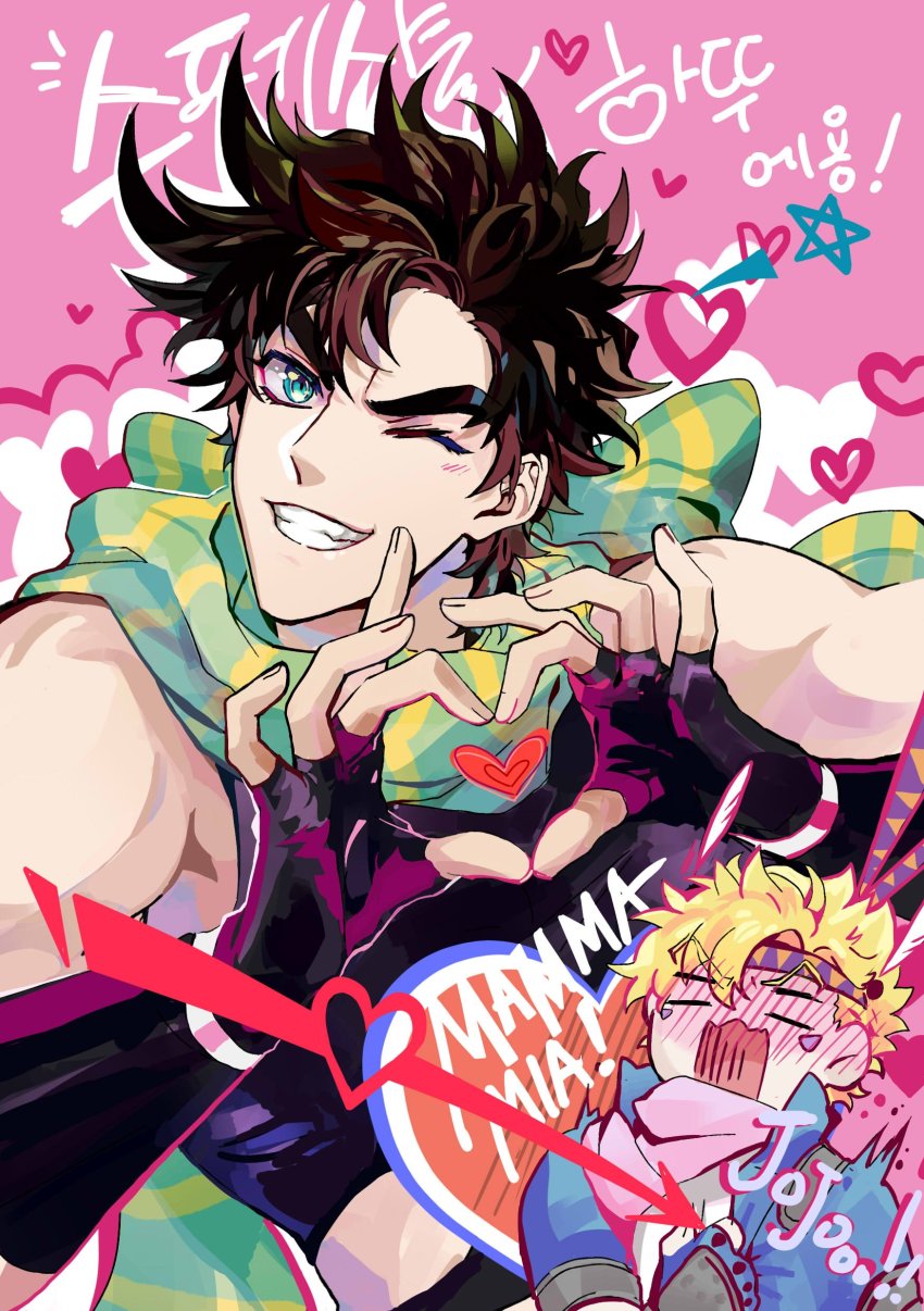 2boys, absurdres, aqua_eyes, arrow_through_heart, bare_shoulders, battle_tendency, black_gloves, blonde_hair
