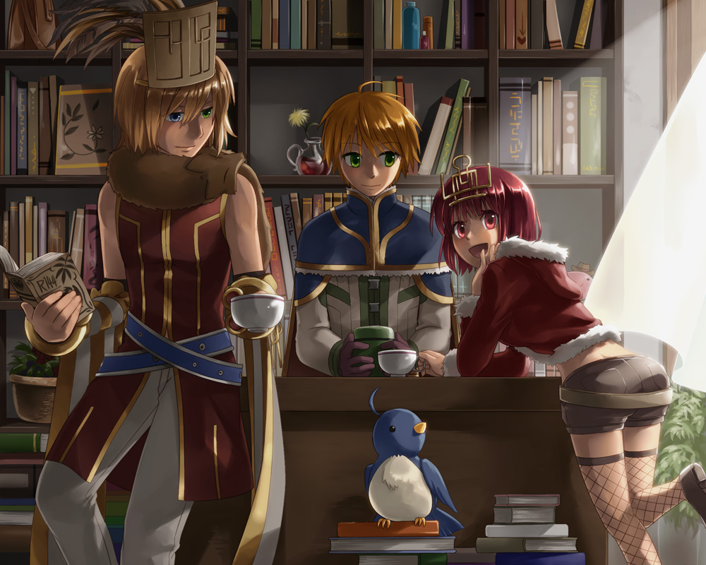1girl, 2boys, alchemist_(ragnarok_online), animal, animal_around_neck, bangle, belt, bird