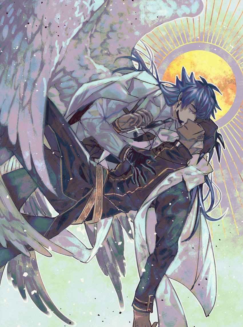2boys, absurdres, alternate_costume, angel, angel_wings, aqua_eyes, black_gloves, black_hair
