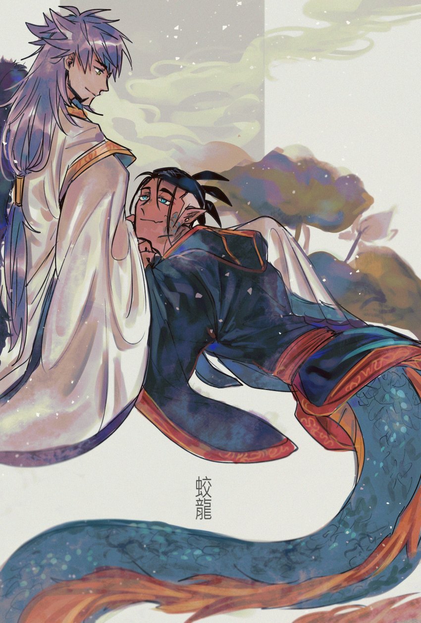 2boys, absurdres, alternate_costume, aqua_eyes, black_hair, chiyo_(miichiyochin), couple, dark-skinned_male