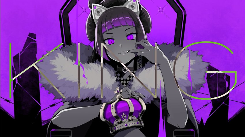1girl, artist_request, barbed_wire, black_nails, chair, coat, collar, commentary_request, crown, edo_lena, english_text, finger_to_mouth, fingernails, fur-trimmed_coat, fur_trim, hair_ornament, highres, holding, holding_crown, indie_virtual_youtuber, king_(vocaloid), limited_palette, long_hair, looking_at_viewer, nail_polish, official_art, on_throne, purple_background, purple_eyes, purple_hair, purple_theme, second-party_source, sitting, smile, solo, song_name, straight-on, teeth, throne, unworn_crown, upper_body, virtual_youtuber, vocaloid