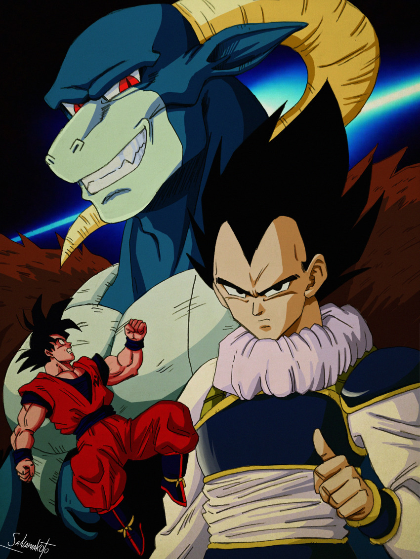 1990s_(style), 3boys, absurdres, armor, artist_request, black_hair, boots, dougi, dragon_ball, dragon_ball_super, fangs, full_body, highres, horns, looking_at_another, looking_at_viewer, moro_(dragon_ball), multiple_boys, muscular, red_eyes, serious, sharp_teeth, simple_background, smile, son_goku, spiked_hair, teeth, upper_body, vegeta