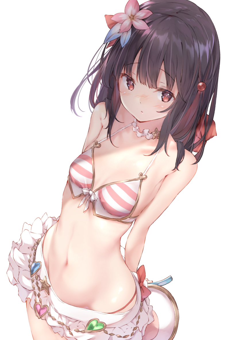 1girl, absurdres, arms_behind_back, bikini, bikini_skirt, black_hair, blunt_bangs, blush