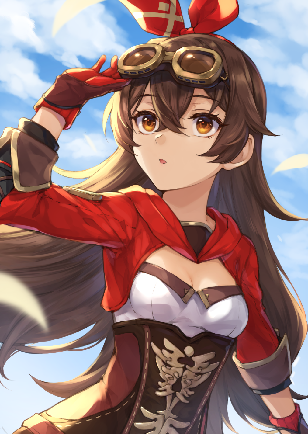 1girl, :o, adjusting_eyewear, amber_(genshin_impact), arm_up, breasts, brown_hair, cleavage, coffee_tart, commentary_request, corset, genshin_impact, gloves, goggles, goggles_on_head, hair_between_eyes, hair_ribbon, hand_on_eyewear, highres, long_hair, long_sleeves, looking_away, looking_to_the_side, open_mouth, orange_eyes, red_gloves, red_ribbon, ribbon, shrug_(clothing), small_breasts, solo, upper_body, very_long_hair
