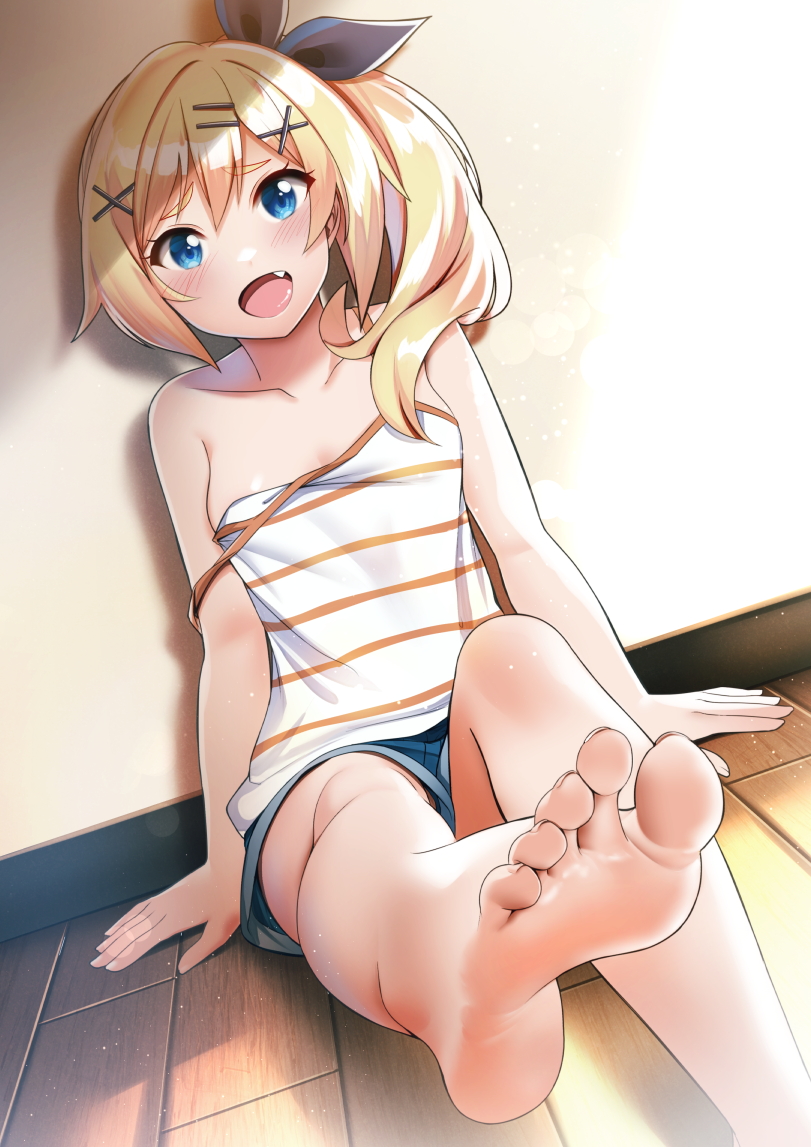 1girl, arm_support, bare_legs, bare_shoulders, barefoot, blonde_hair, blue_eyes, blush, casino_(casinoep), collarbone, denim, denim_shorts, fang, feet, foot_focus, foreshortening, hair_ornament, hair_ribbon, long_hair, looking_at_viewer, nukui_hayu, ochikobore_fruit_tart, open_mouth, presenting_foot, ribbon, shorts, side_ponytail, sitting, smile, soles, solo, strap_slip, striped_tank_top, tank_top, toes, x_hair_ornament