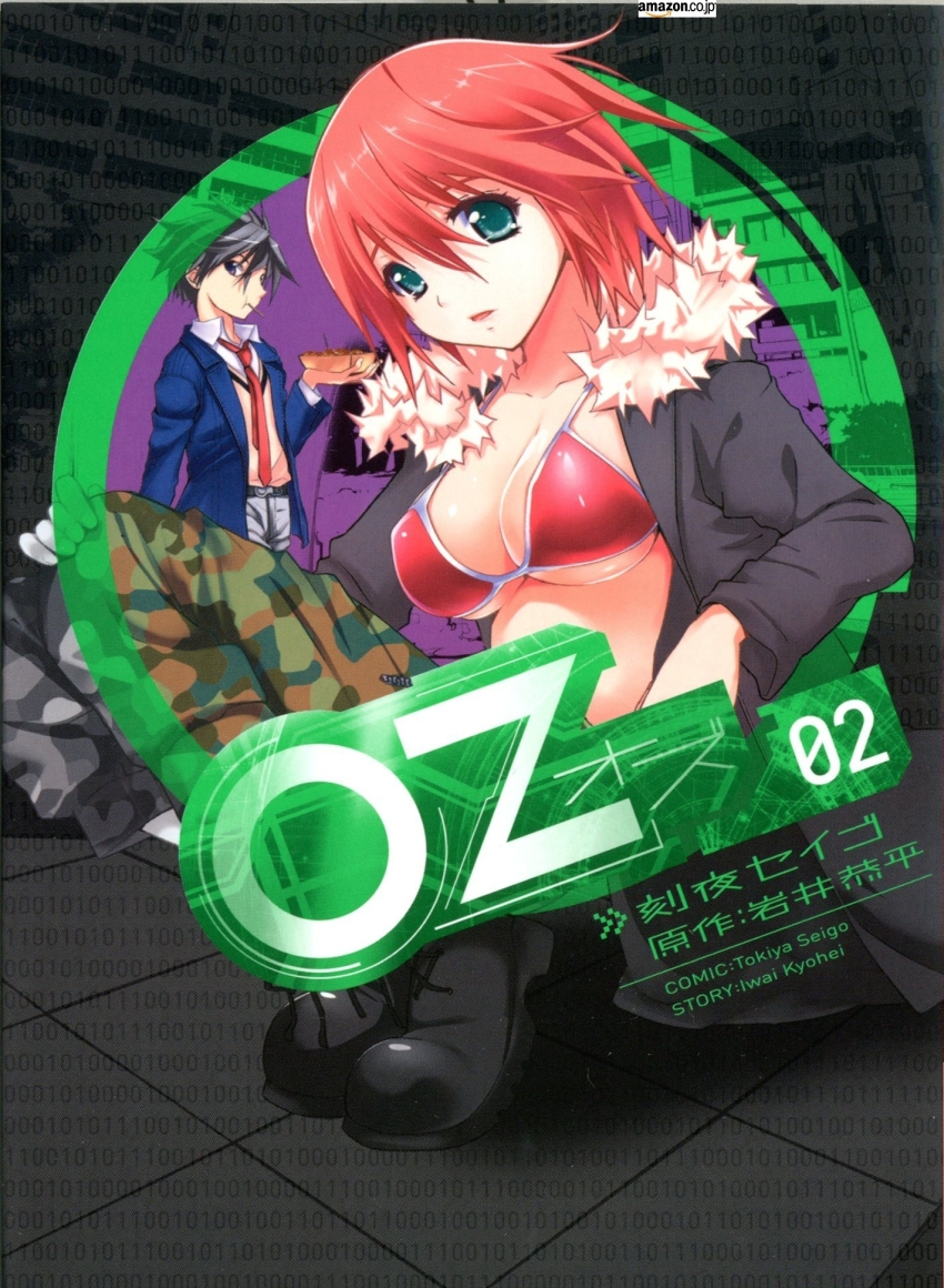 1boy, 1girl, aqua_eyes, bikini, bikini_top_only, breasts, camouflage, cleavage