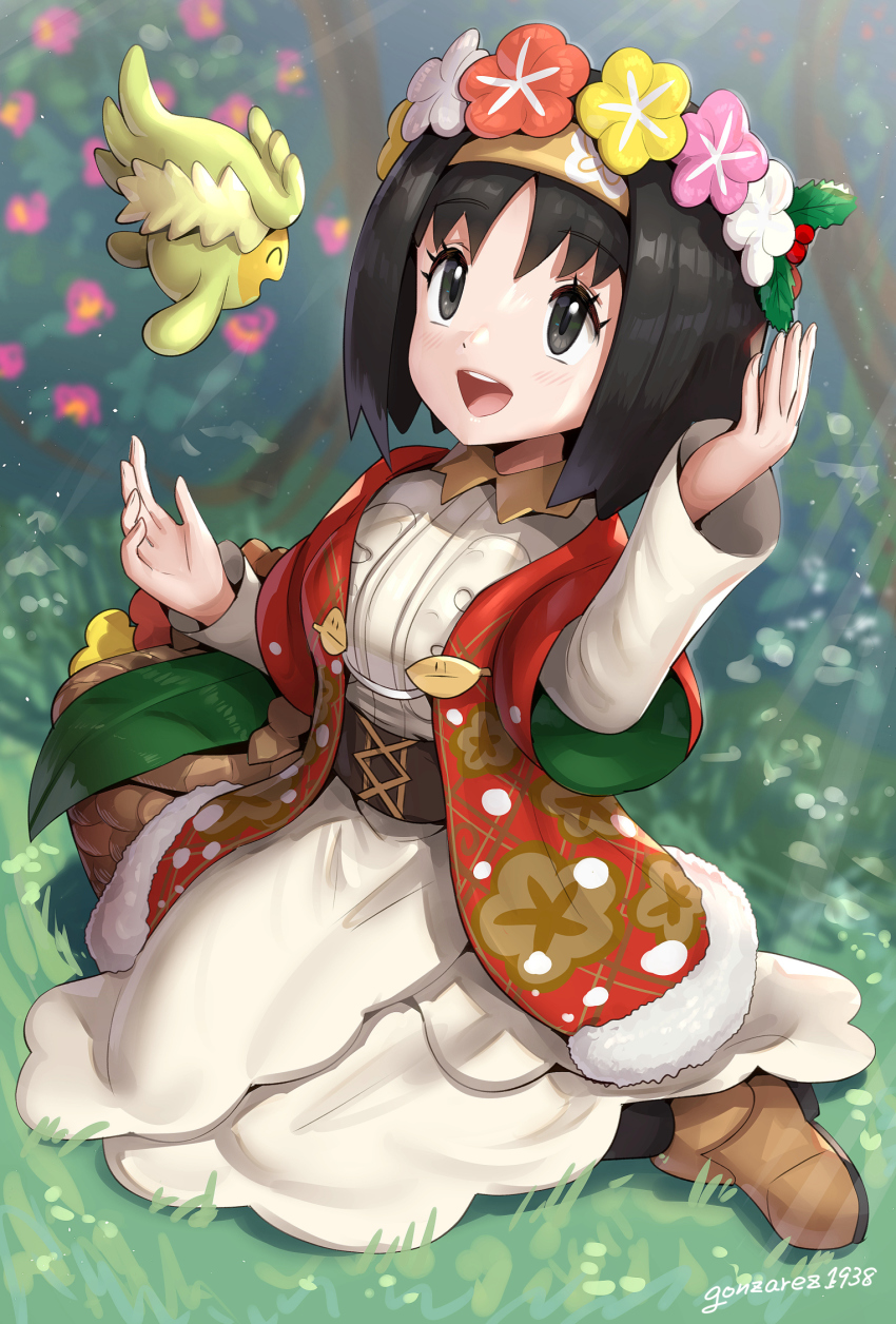 1girl, :d, alternate_costume, basket, black_eyes, black_hair, brown_footwear, comfey, day, dress, dutch_angle, erika_(holiday_2020)_(pokemon), erika_(pokemon), full_body, gen_7_pokemon, gonzarez, grass, gym_leader, hairband, highres, nintendo, official_alternate_costume, open_mouth, outdoors, pokemon, pokemon_(creature), pokemon_masters_ex, sitting, smile, wariza, white_dress