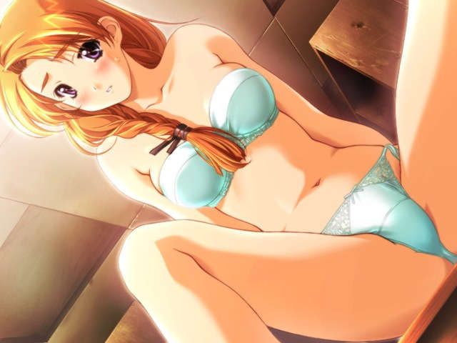 1990s_(style), 1girl, blue_bra, blue_panties, blush, bra, braid, dousoukai_again