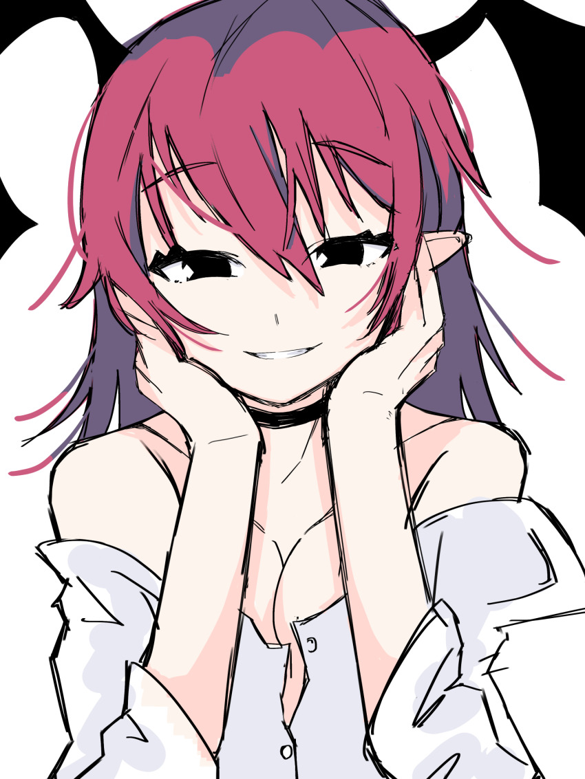 1girl, :d, alternate_eye_color, bat_wings, black_eyes, breasts, cleavage, collarbone