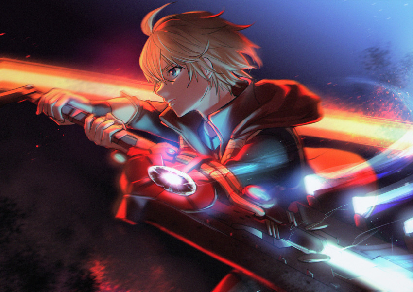 1boy, blonde_hair, blue_eyes, dark, fuwamoko_momen_toufu, highres, holding, holding_sword